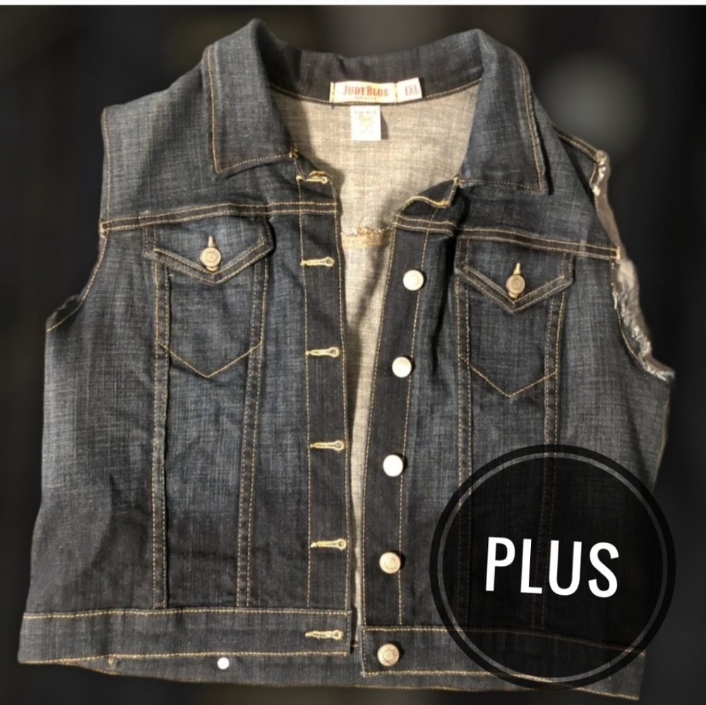 JUDY BLUE 1X Plus Sleeveless Dark Wash Denim Jacket Vest Like New